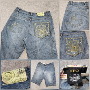 VTG Y2K Soulland Zodiacs Leo‎ Lion Embroidered Baggy Denim Jeans Shorts Mens 40